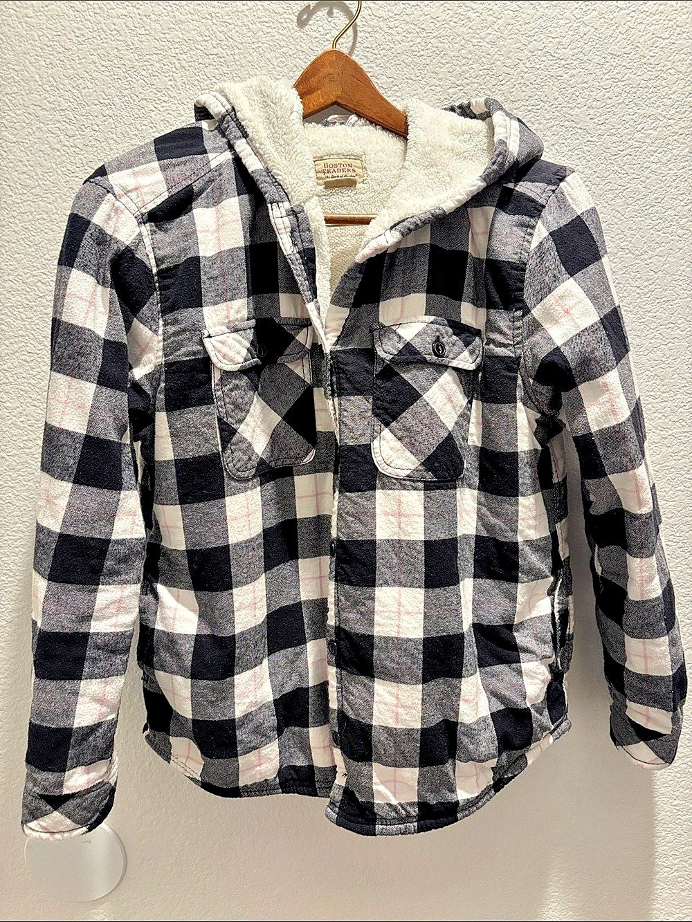 Boston Traders Sherpa-Lined Hooded Flannel Shacket Plaid Sherpa-Lined Hooded